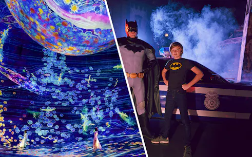 teamLab Phenomena digital art and Batman character at Warner Bros. World Abu Dhabi
