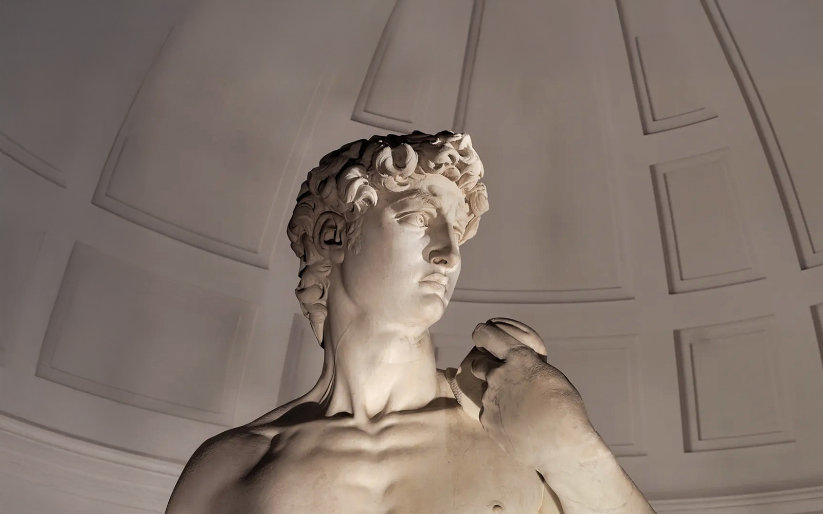David statue close-up at Accademia Gallery, Florence, Italy.