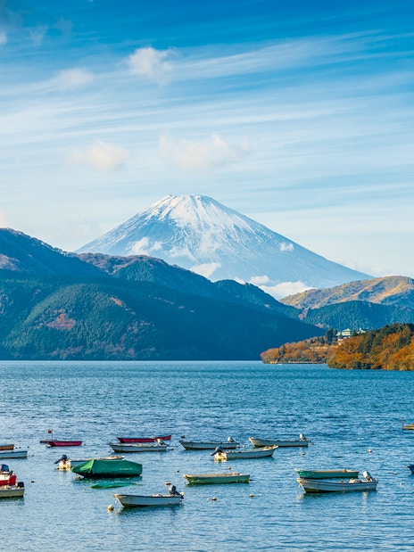 Boats on Lake Ashi with Mt. Fuji in the background, Japan.