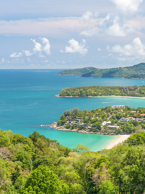 Kata Viewpoint overlooking beaches and lush greenery in Phuket, Thailand.