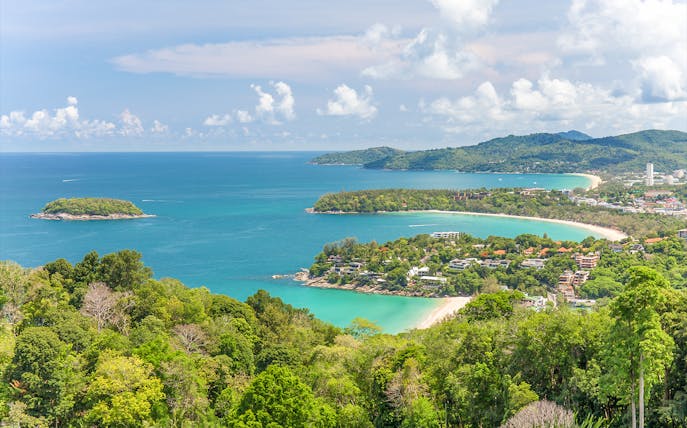 Kata Viewpoint overlooking beaches and lush greenery in Phuket, Thailand.