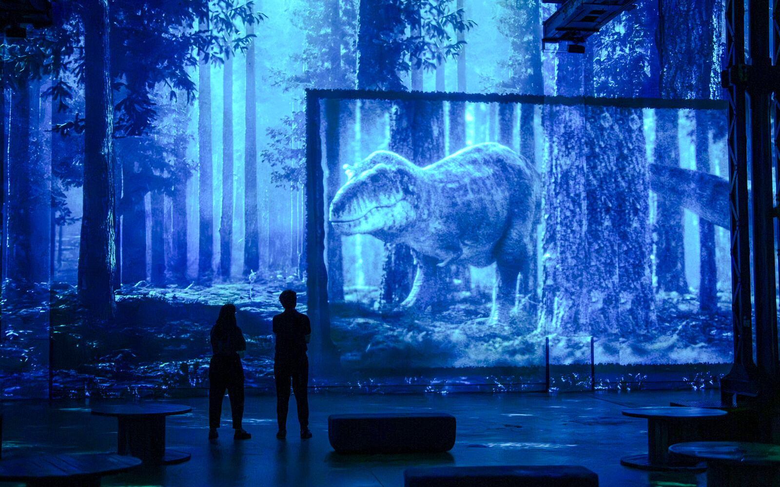 Visitors viewing dinosaur projection at Prehistoric Planet exhibition, Atelier des Lumières, Paris.