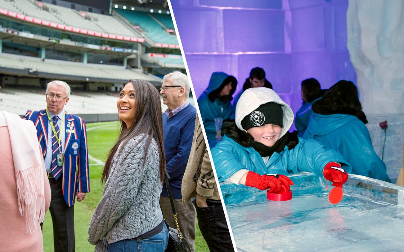 Tour group at Melbourne Cricket Ground and child playing at IceBar.