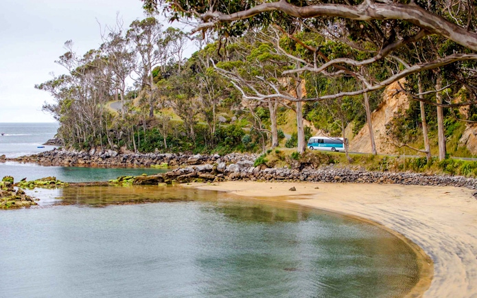 Stewart Island coastal road with tour bus near sandy bay and lush trees.