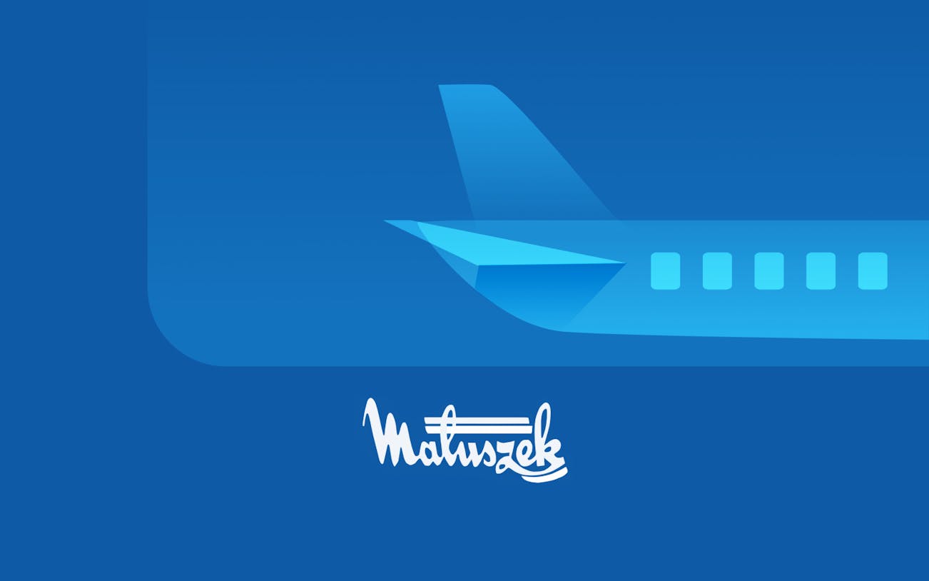 Airplane graphic with Matuszek logo for Katowice Airport to Krakow tickets.