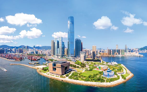 Hong Kong skyline with ICC tower near Sky100 observation deck.