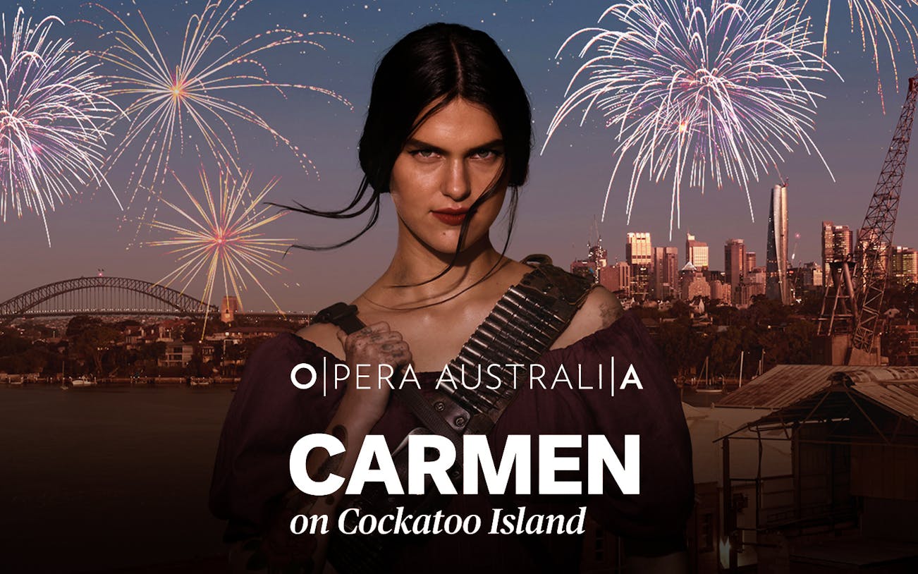 Carmen performance on Cockatoo Island with Sydney skyline and fireworks.