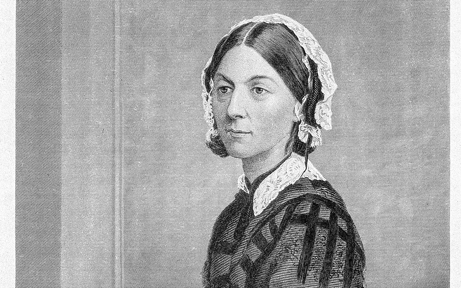Engraving of a woman in 19th-century attire, associated with Florence Nightingale.