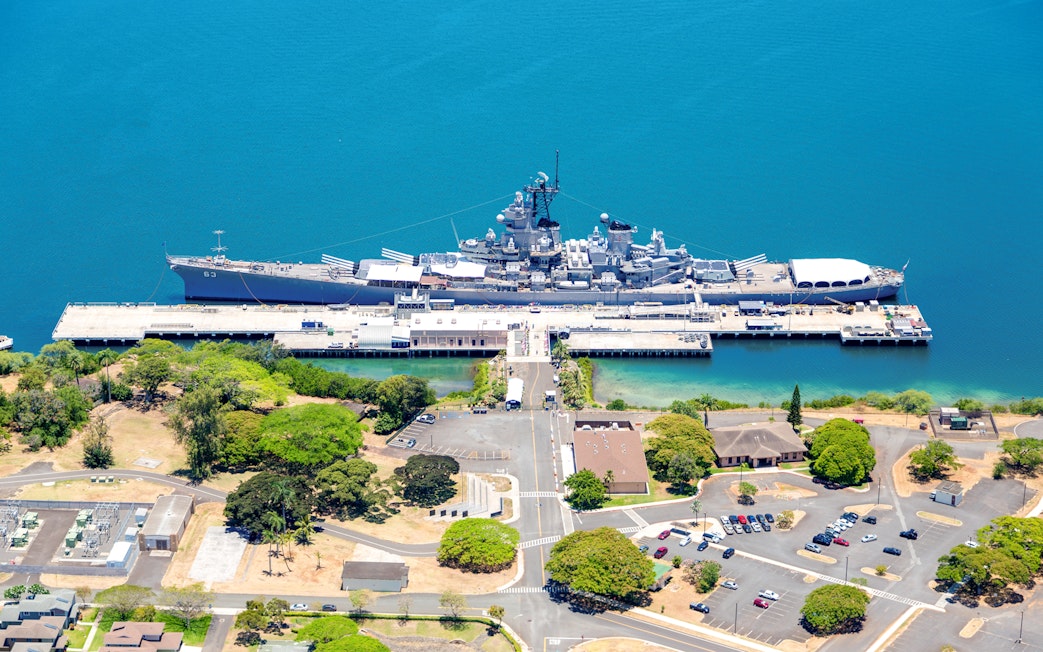 Aerial view of the USS Missouri docked at Pearl Harbor, Hawaii.