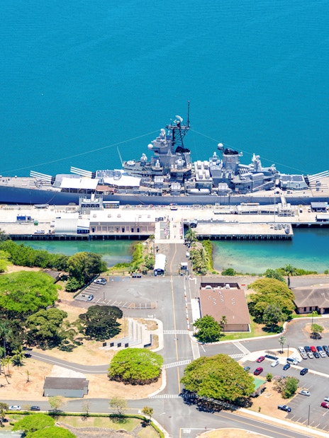 Aerial view of the USS Missouri docked at Pearl Harbor, Hawaii.