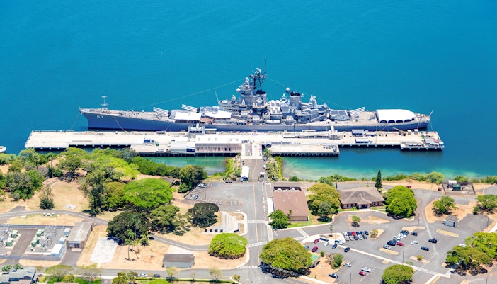 Aerial view of the USS Missouri docked at Pearl Harbor, Hawaii.