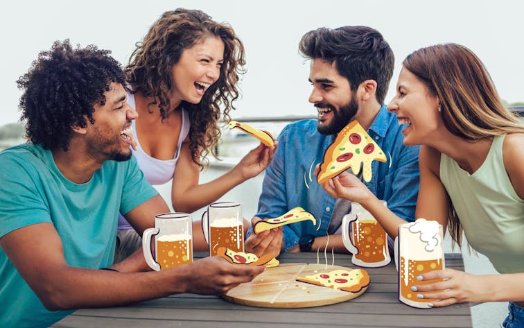Friends enjoying pizza and beer outdoors, ideal for culinary explorers.