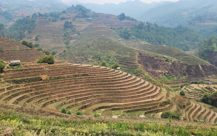Mu Cang Chai rice terraces with distant mountains, ideal for trekking and motorbike tours.