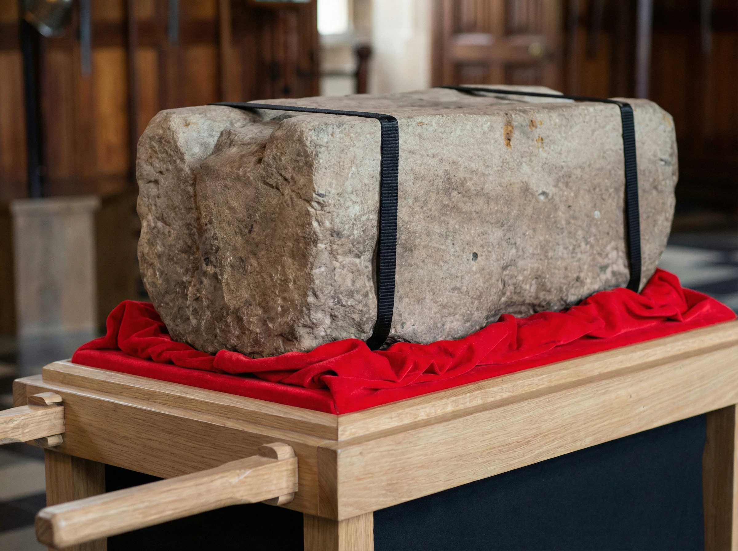 Stone of Destiny displayed on a red cloth at Edinburgh Castle.