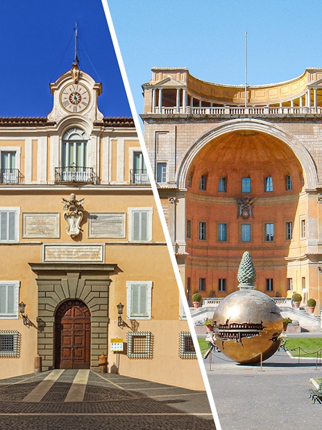 Vatican Museums Pinecone Courtyard with bronze sphere sculpture in Rome.