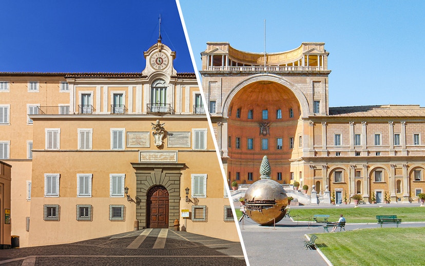 Vatican Museums Pinecone Courtyard with bronze sphere sculpture in Rome.