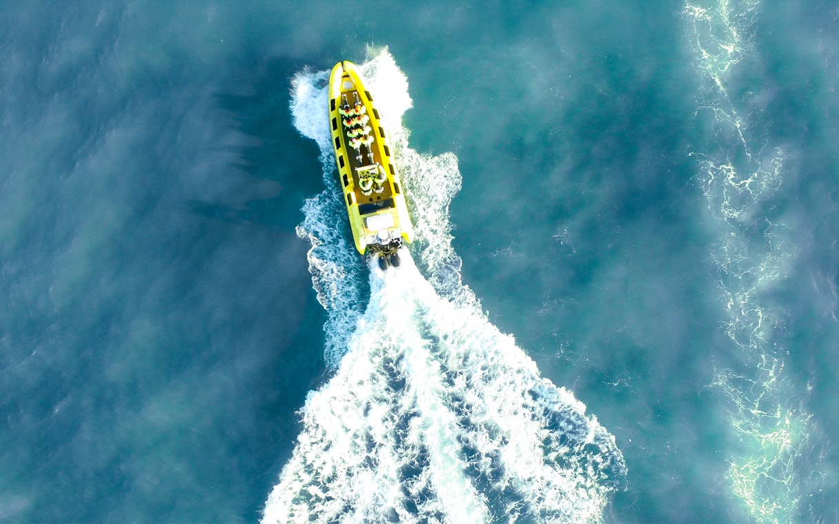 Speedboat on Icelandic waters during RIB whale watching tour in Reykjavik.