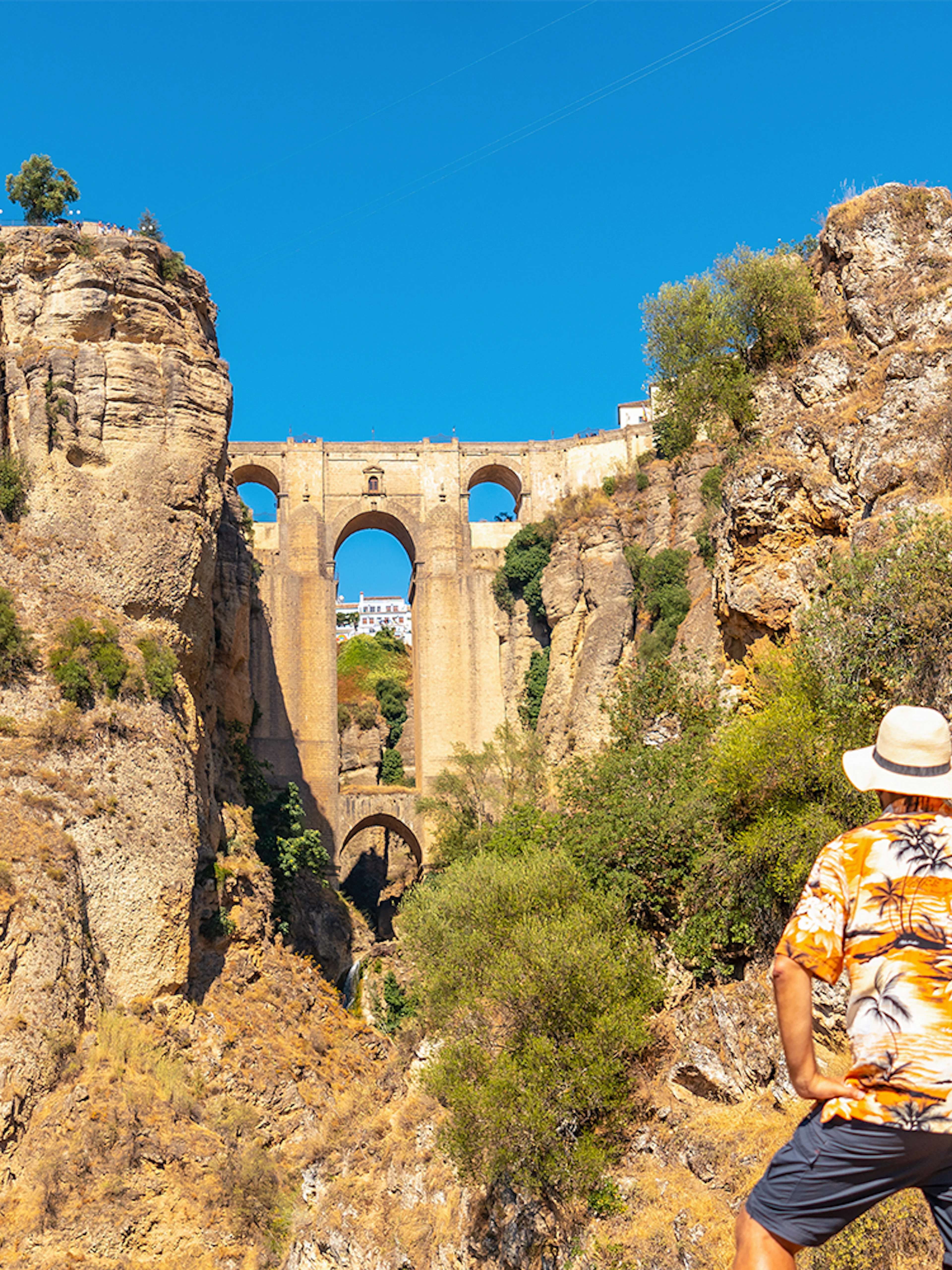 Man admiring Puente Nuevo bridge in Ronda during guided tour of Setenil de las Bodegas and Ronda.