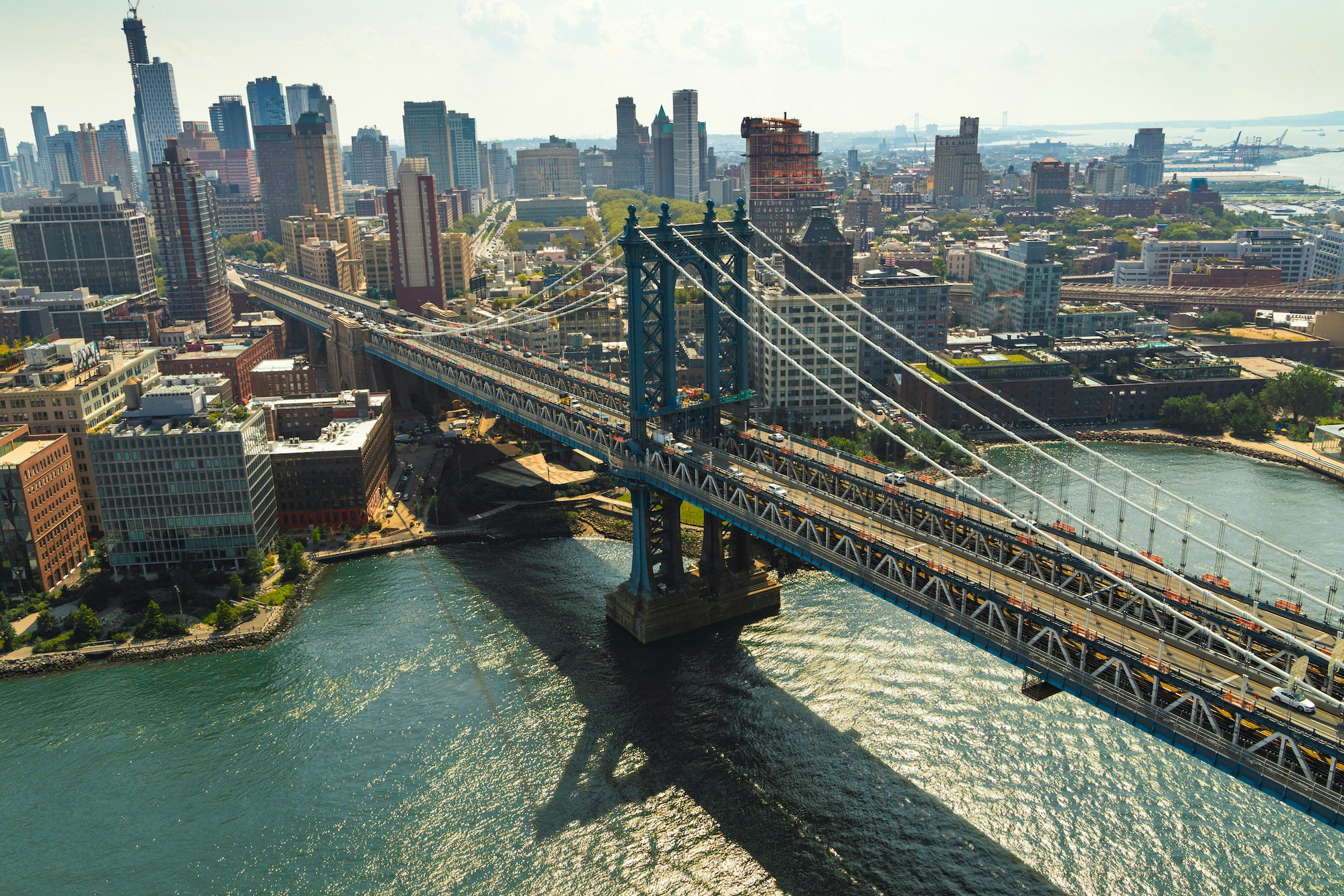 Aerial view of Manhattan Bridge spanning the East River in New York City.