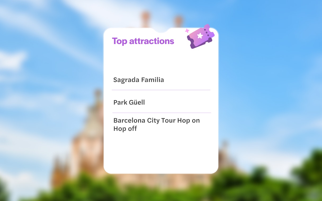 Sagrada Familia facade with top attractions list, Barcelona.