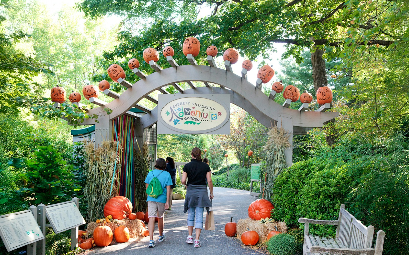 Everett Children's Adventure Garden entrance with Halloween pumpkins at NYBG.