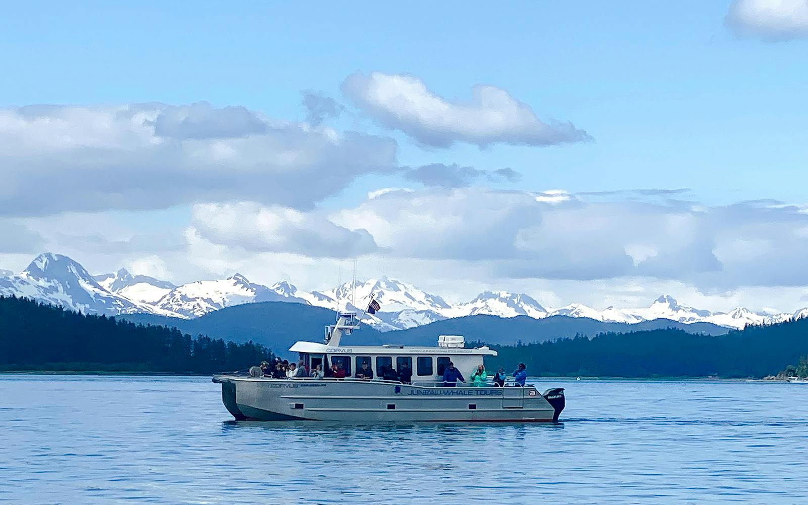 Catamaran on Juneau whale watching tour with snowy mountains in the background.