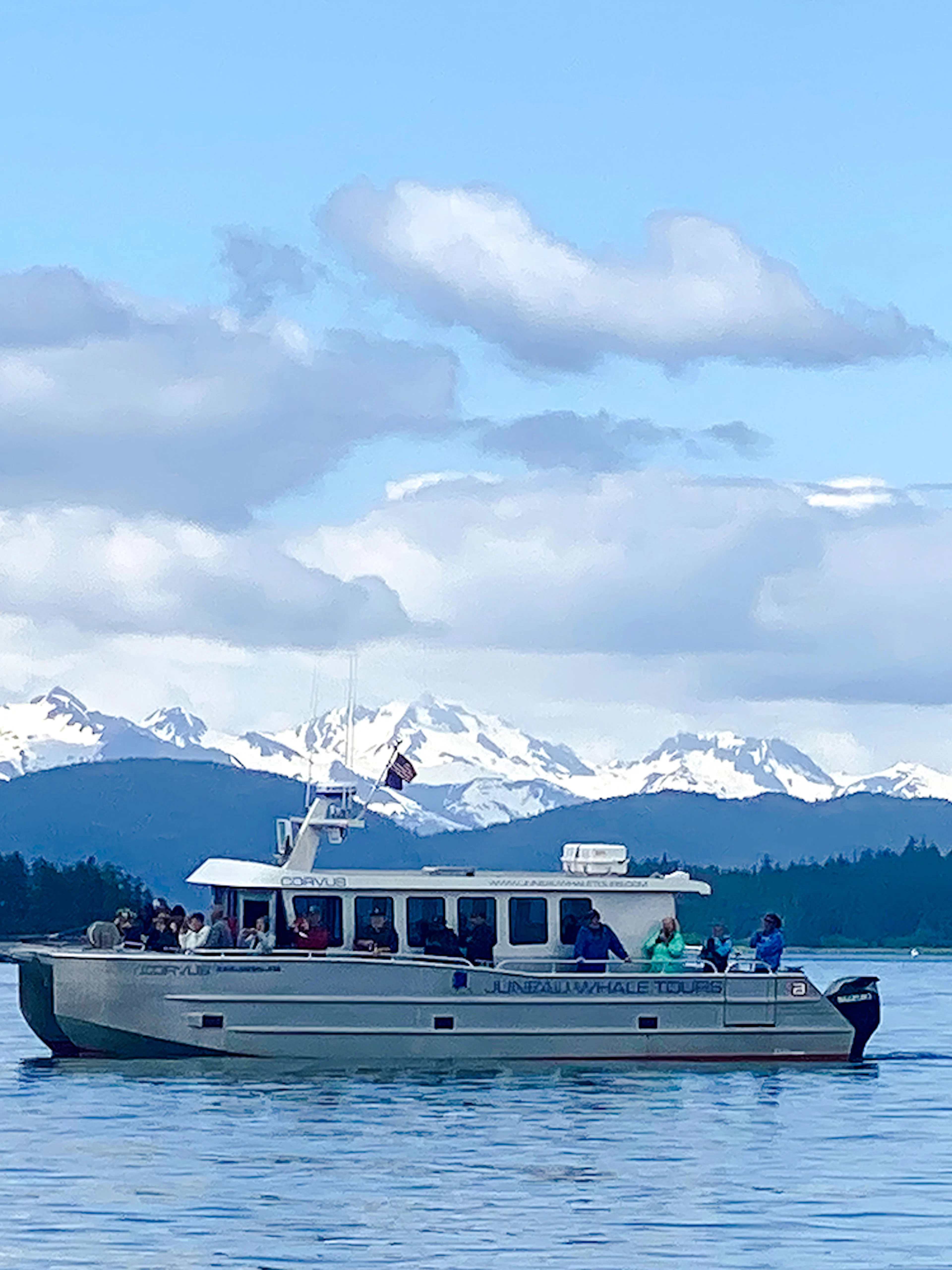 Catamaran on Juneau whale watching tour with snowy mountains in the background.