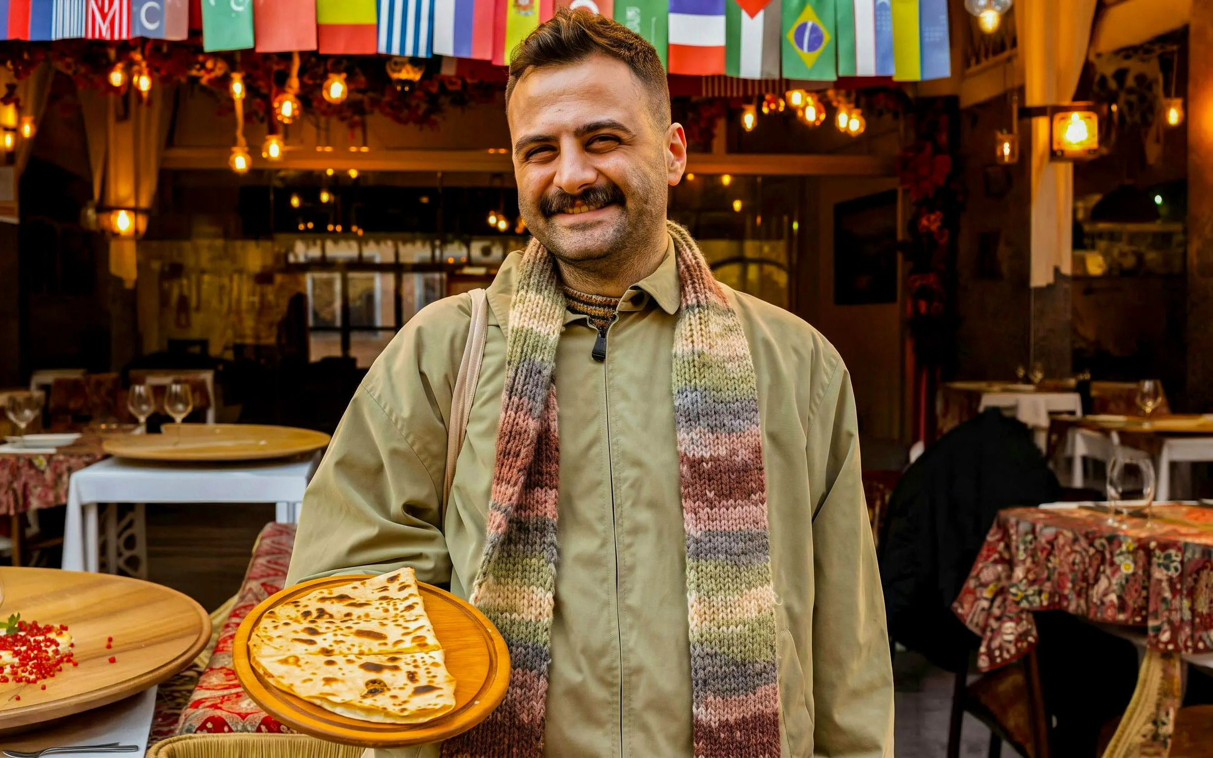 Man presenting Turkish flatbread on Istanbul food tour.