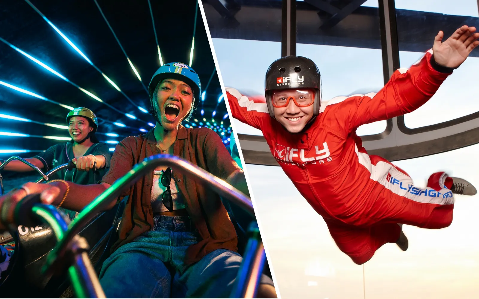 Friends on night luge ride in illuminated tunnel, Singapore, and indoor skydiving at iFly Singapore.
