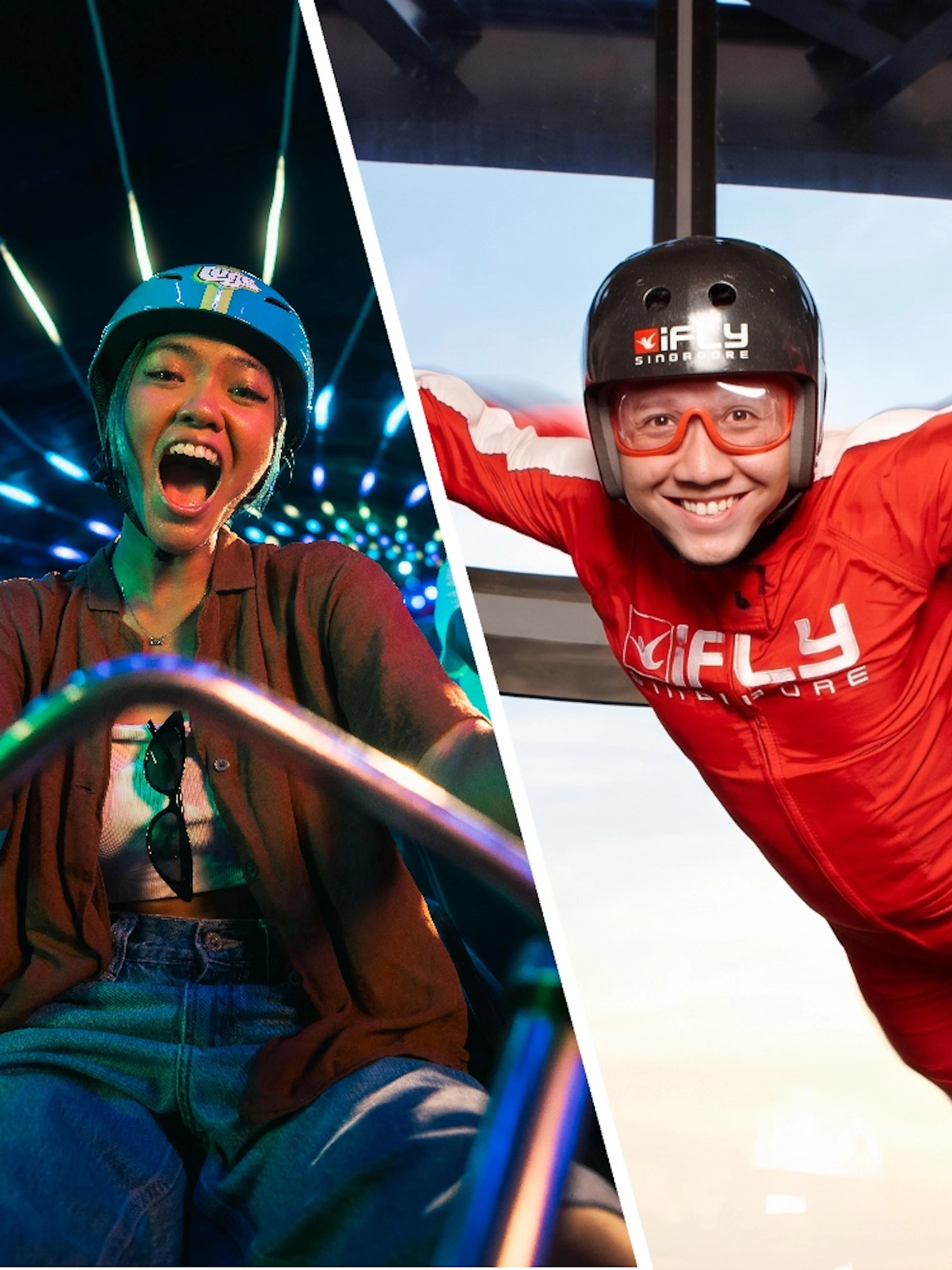Friends on night luge ride in illuminated tunnel, Singapore, and indoor skydiving at iFly Singapore.