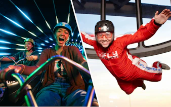 Friends on night luge ride in illuminated tunnel, Singapore, and indoor skydiving at iFly Singapore.