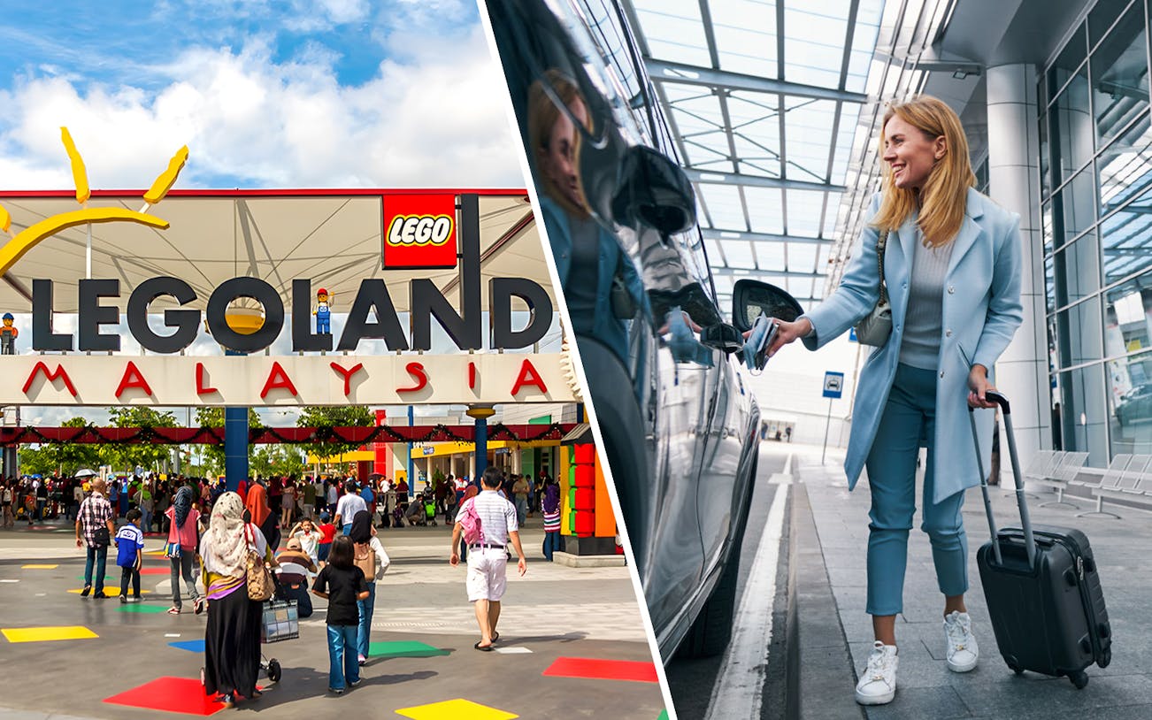 Legoland Malaysia entrance and woman entering car at airport.