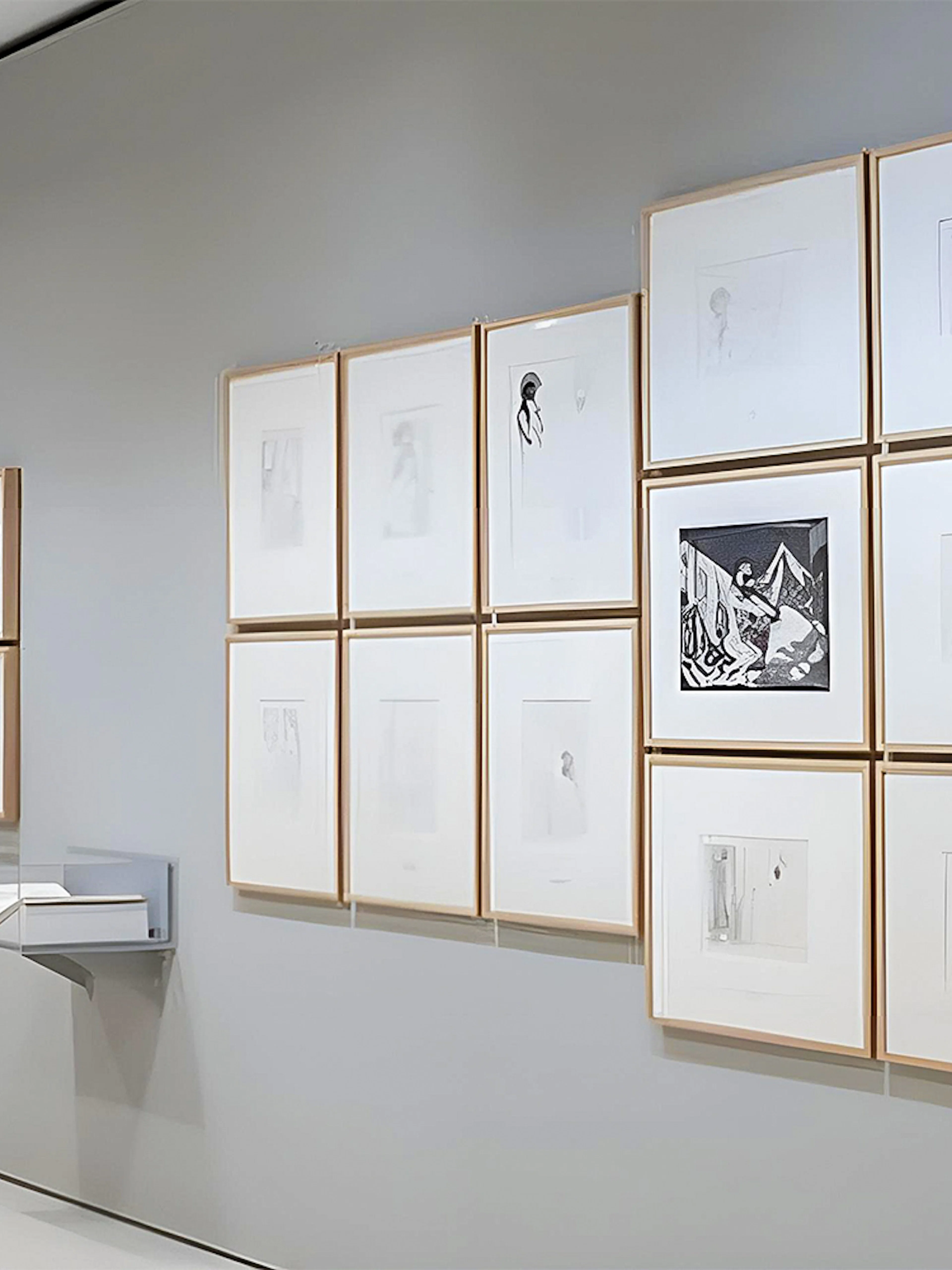 Art exhibition at Recoletos Room, Fundación MAPFRE, Madrid, featuring framed sketches and prints.