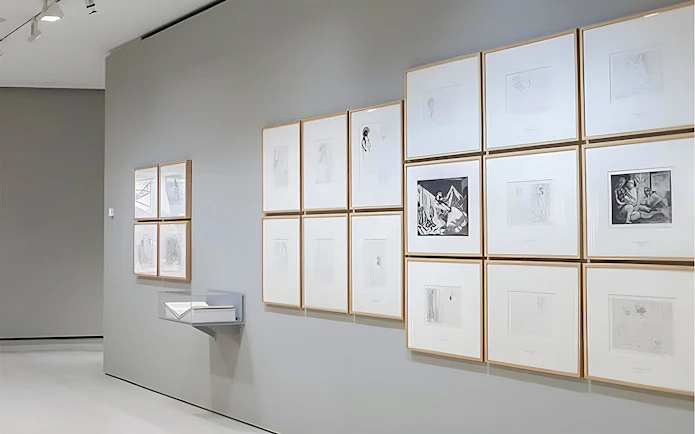 Art exhibition at Recoletos Room, Fundación MAPFRE, Madrid, featuring framed sketches and prints.