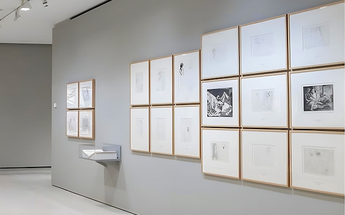 Art exhibition at Recoletos Room, Fundación MAPFRE, Madrid, featuring framed sketches and prints.
