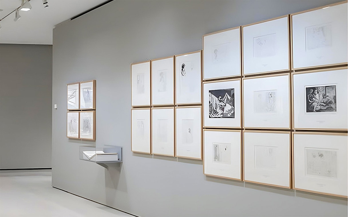 Art exhibition at Recoletos Room, Fundación MAPFRE, Madrid, featuring framed sketches and prints.