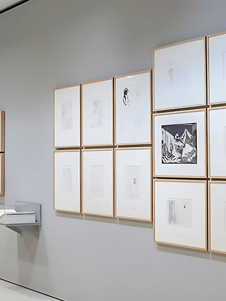 Art exhibition at Recoletos Room, Fundación MAPFRE, Madrid, featuring framed sketches and prints.