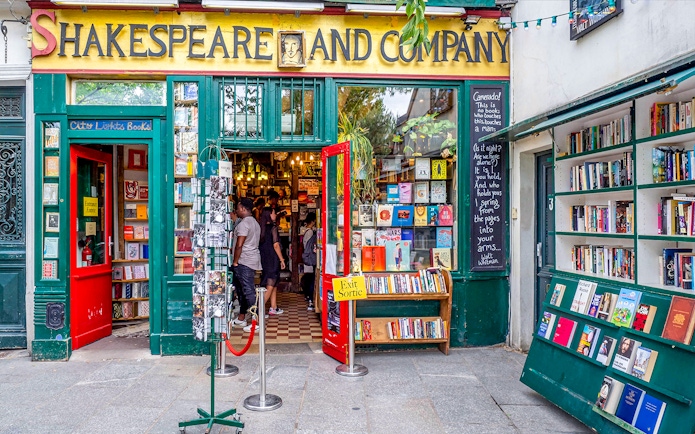 Shakespeare and Company bookstore entrance in Paris, featured on the Latin Quarter self-guided audio tour.
