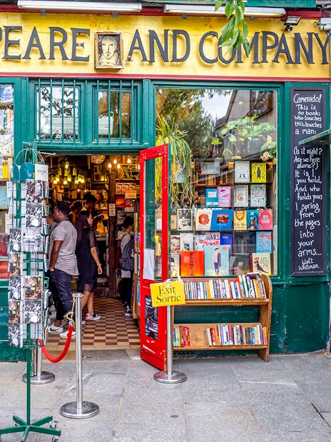Shakespeare and Company bookstore entrance in Paris, featured on the Latin Quarter self-guided audio tour.
