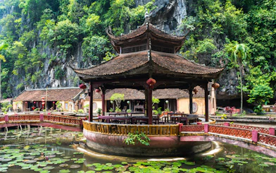 Pagoda surrounded by water lilies at Hoa Lu Ancient Capital, Ninh Binh, Vietnam.