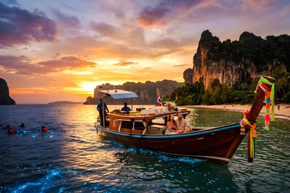 Longtail boat at sunset with tourists enjoying bioluminescent waters near Railay Beach, Krabi.