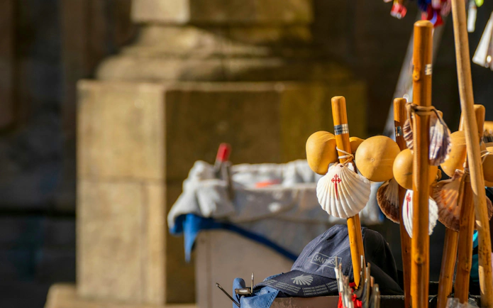 Pilgrim walking sticks with scallop shells at Santiago Cathedral.