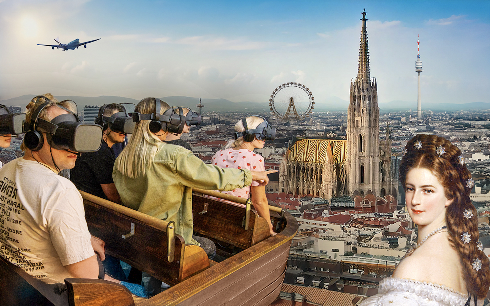 Guests using VR headsets in Time Travel Empress Sisi Experience with Vienna landmarks.