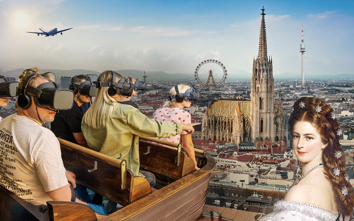 Guests using VR headsets in Time Travel Empress Sisi Experience with Vienna landmarks.