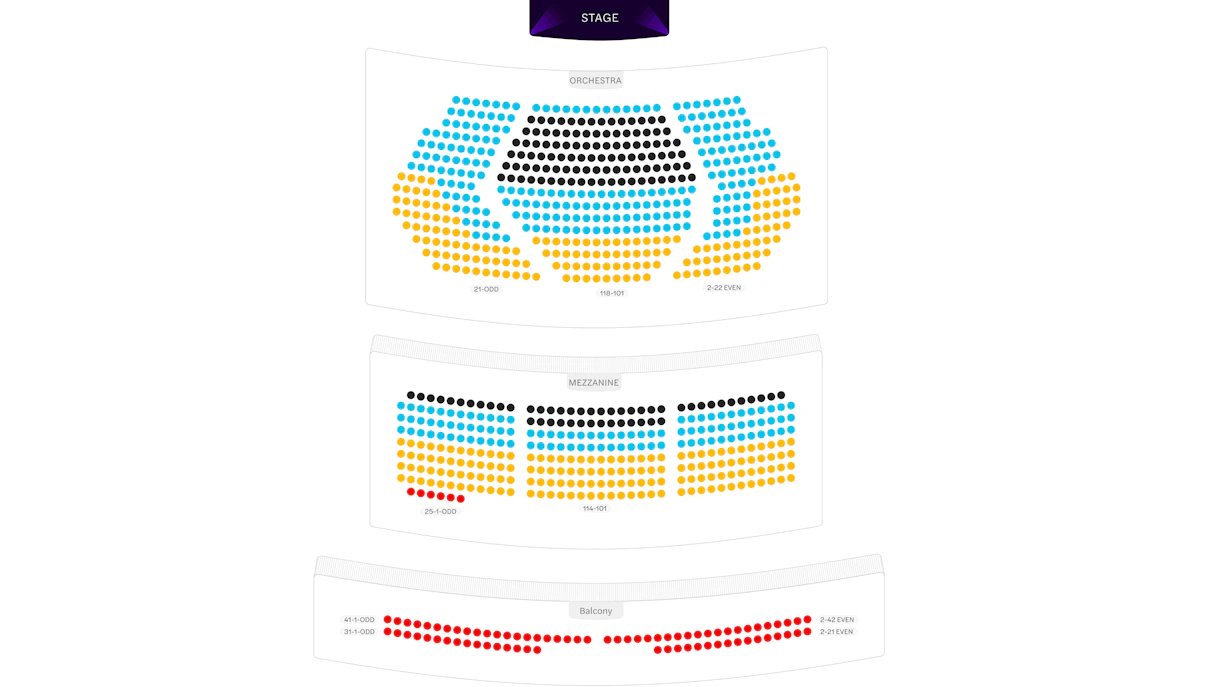 Seating chart for theater with orchestra, mezzanine, and balcony sections.