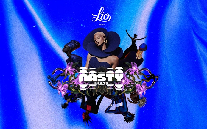 Lio Ibiza Nasty Beats event poster with abstract art and floral design.