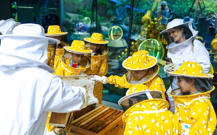 Beekeeping workshop with participants in protective gear at Terra, Expo City Dubai.