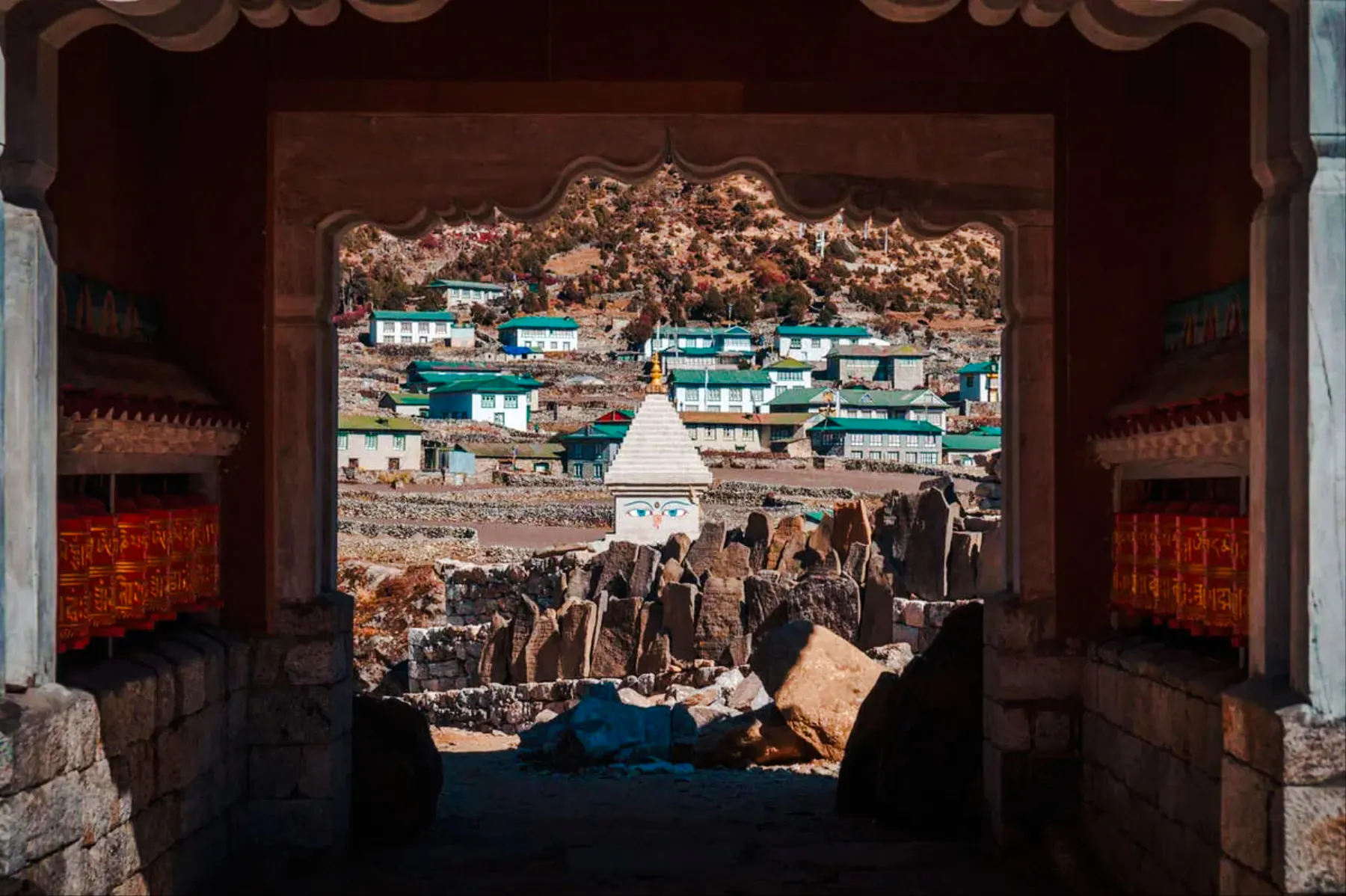 View of traditional buildings and stupa in the Everest Region, Nepal, during the Everest Base Camp Trek.