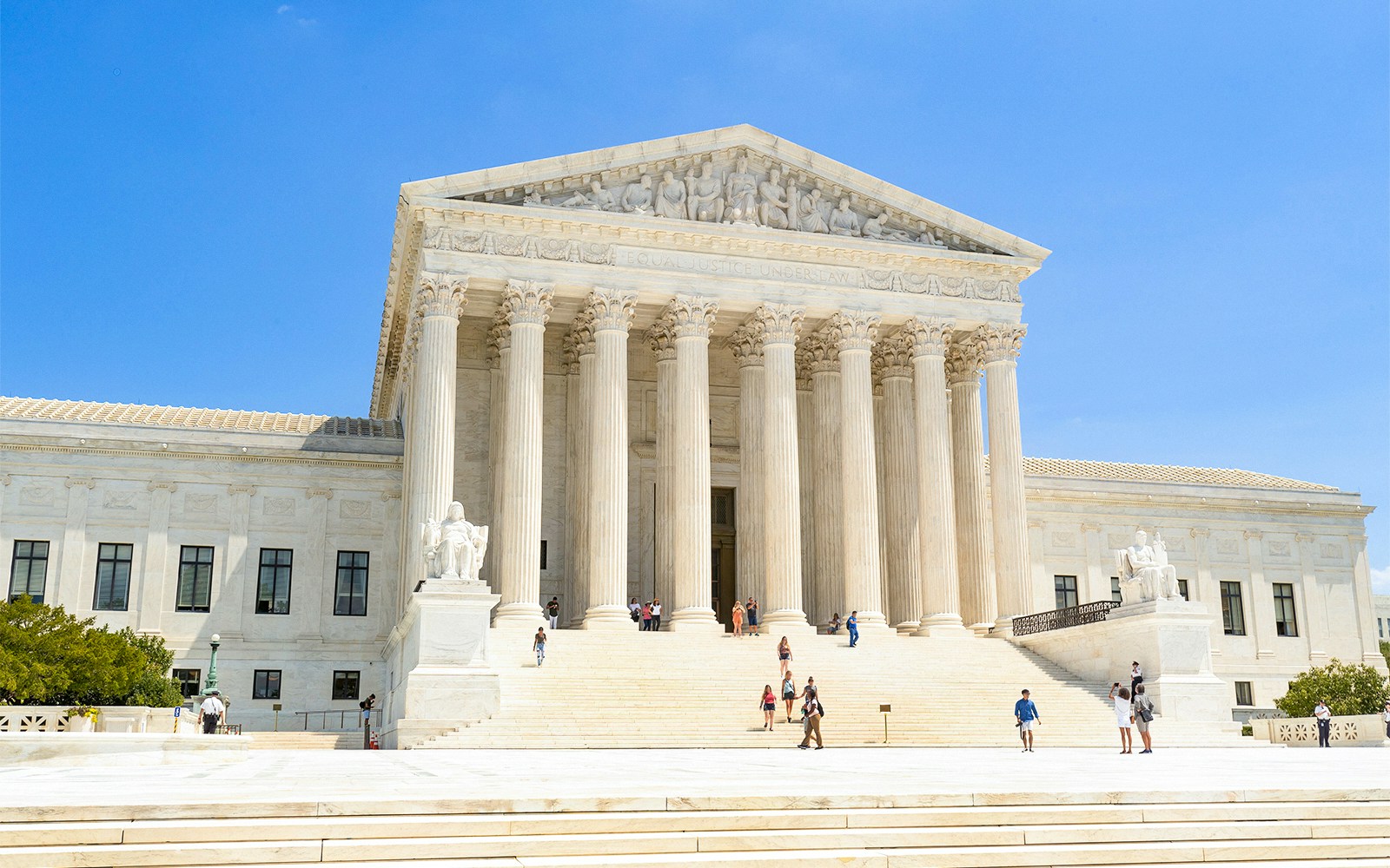 Supreme Court building with visitors on steps, Washington DC.