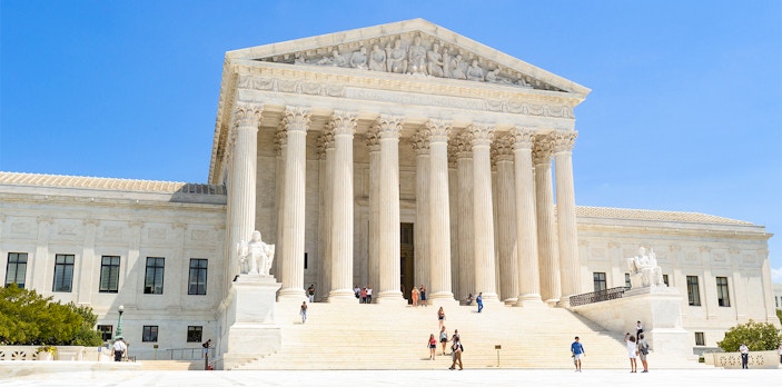 Supreme Court building with visitors on steps, Washington DC.